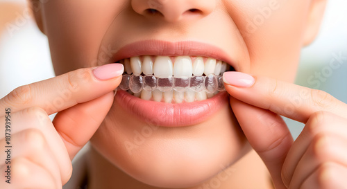 Woman with clear aligners showing off her perfect, straight teeth