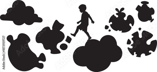 Child stepping on clouds with puzzle pieces falling down