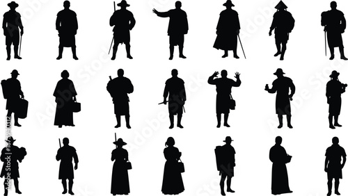 Black silhouette set featuring diverse historical characters standing in various poses including explorers with walking sticks, travelers with bags, and farmers
