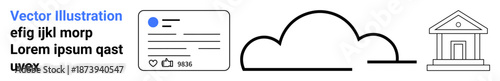 Social media, cloud storage, digital communication, government services, online platforms, and data security. A social post, cloud icon and building . Social media and cloud storage concepts