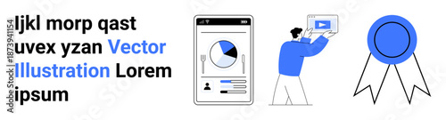 Smartphone analytics interface, person presenting video content, and badge for success. Ideal for marketing, education, analysis tools, video sharing, achievement, digital platforms simple landing