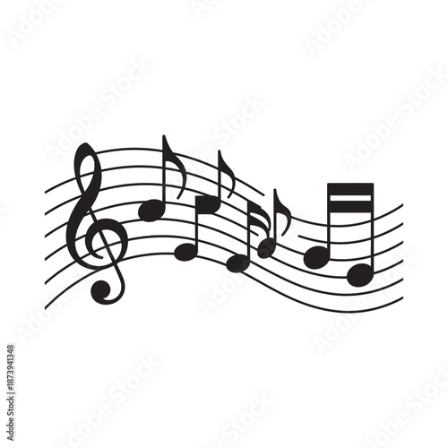 A flowing arrangement of musical notes and staff lines in a simple design