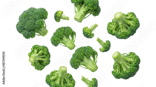 Photos scattered fresh green broccoli florets on a transparent background, dynamic comp