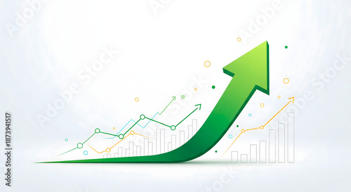 Green arrow pointing upwards with financial charts, representing growth and success