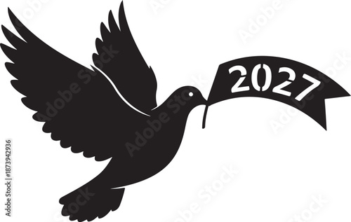 Flying Dove with 2027 Banner Silhouette Peace Symbol