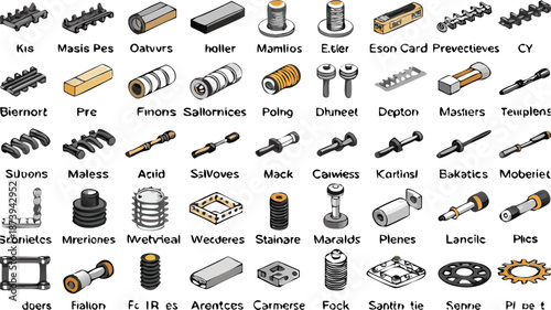 Industrial mechanical parts and tools illustration set