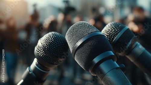 microphones stand ready for a press conference