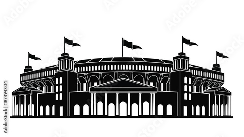 Detailed black and white illustration of a classic stadium with waving flags