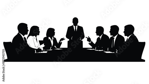 A silhouette of a business meeting around a large conference table