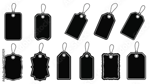 A collection of black price tags and labels with string attachments