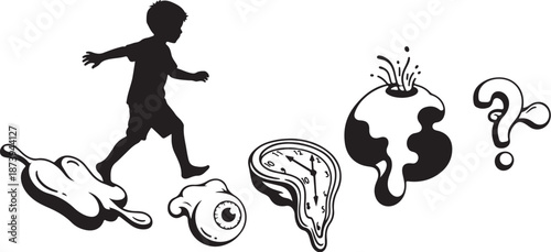 Silhouette of a child running from melting objects chaos