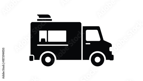 Simple black silhouette of a food truck with a roof serving window