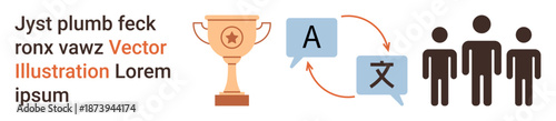 Translation, team collaboration, achievement, multiculturalism, communication, language learning. Trophy with speech bubbles displaying text. Translation and collaboration visuals achievement
