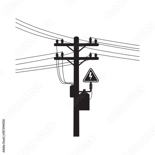 A black and white illustration of a utility pole with high voltage warning signs