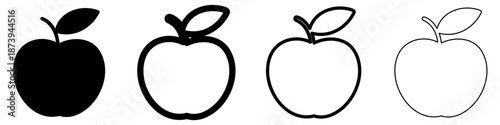 Apple icon. Apple fruit with stem and leaf: black silhouette and outline lines, isolated on a white background. Four style variations. Vector illustration.