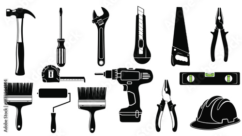 An assortment of black silhouette tools for construction and home repair
