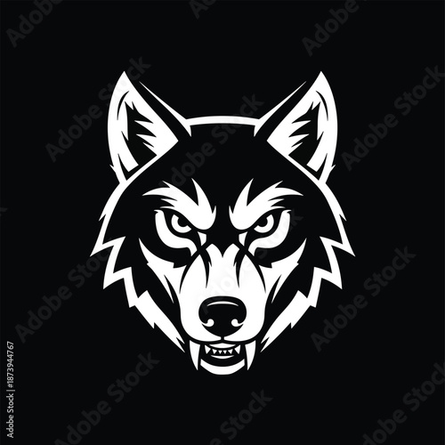 Intense White Wolf Head with Sharp Teeth on Black Background.