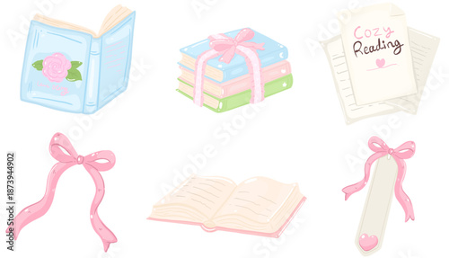 Bookish Clipart Coquette style Pink vector, collection of reading materials with a bow, perfect for a cozy afternoon reading session.