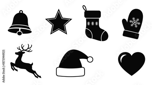 Black silhouette icons depicting christmas elements like reindeer hats and ornaments