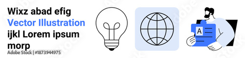 Innovation, technology, education, documentation, global business, creativity. Light bulb, globe and person with report showcased. Innovation and technology in a graphic design