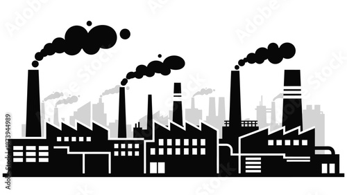 Industrial landscape with factory buildings and smoke stacks emitting pollution