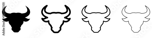 Bull head icon. Silhouette of a bull, cow or buffalo head with horns: black silhouette and outline lines. Four style variations. Vector illustration.