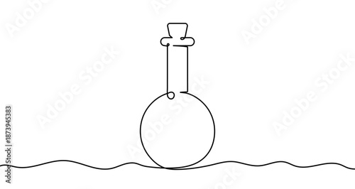 Round bottle with a stopper in one line art style. Drawing with editable black stroke on a white background. Vector illustration, potion or chemistry concept.