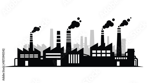 Industrial skyline with factory buildings and smoke stacks emitting pollution