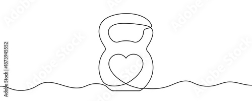 Classic kettlebell with a heart outline in the center. Drawing in one line art style with editable black stroke on a white background. Vector illustration, sport and healthy training concept.
