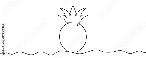 Pineapple, a tropical fruit. Drawing in one line art style with editable black stroke on a white background. Vector illustration, concept of summer, tropics, or healthy eating.