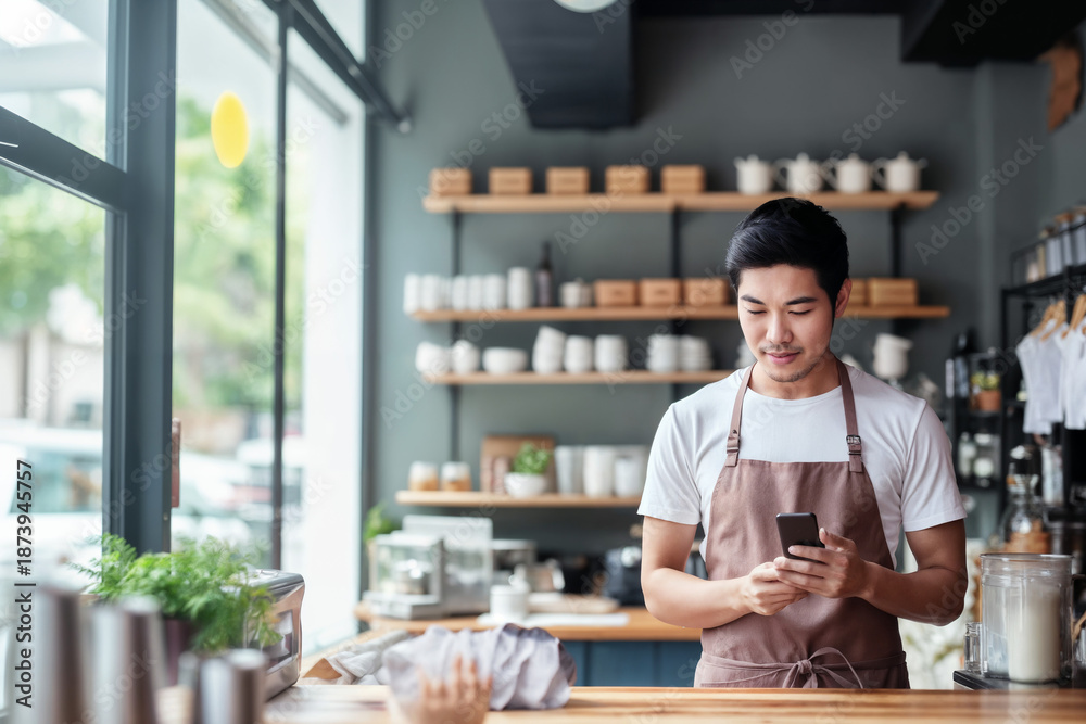Fototapeta premium Young Asian Male Cafe Owner Using Smartphone at Counter