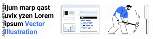Data analysis, web development, infrastructure, user interface, construction, teamwork. Digital platform graphs and search bar next to a worker with a hammer. Data analysis and infrastructure