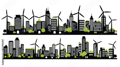 Sustainable city skyline with wind turbines and green foliage illustration