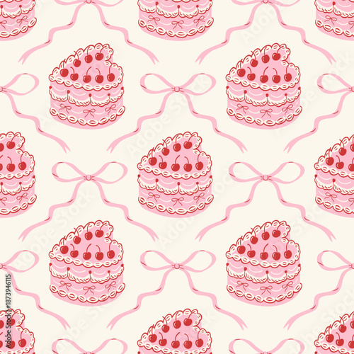 Coquette seamless pattern with hand drawn ribbons and bows, heart shaped cakes and cherry. Cute vintage print. Preppy girly background for Valentine's day, wedding, birthday, wrapping paper.