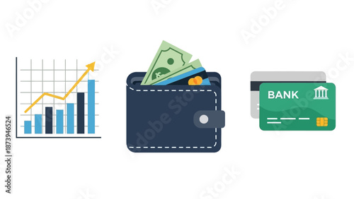 Simple flat design illustration depicting financial growth concepts including a rising bar chart wallet cash and bank cards