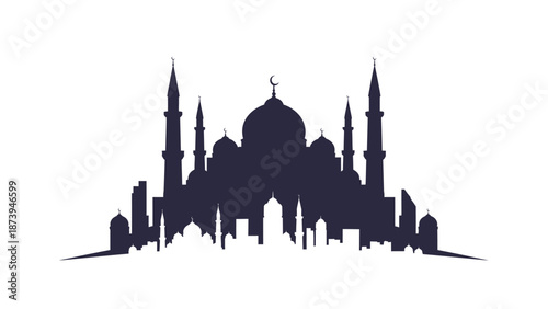 Silhouette of a grand mosque skyline featuring tall minarets and a central dome against a stark white background for graphic design projects
