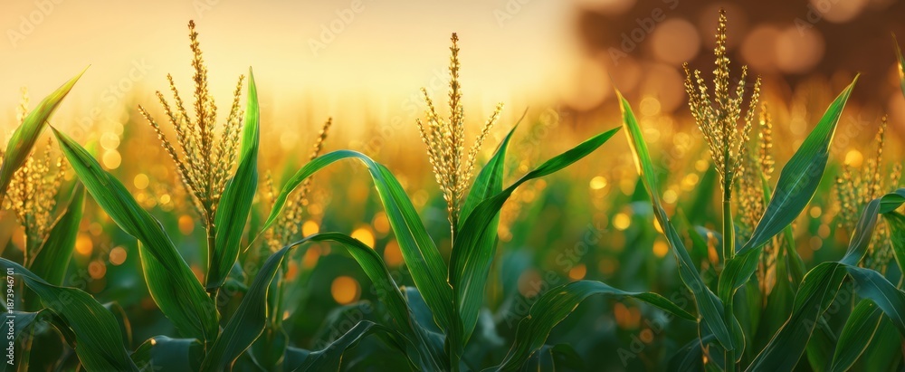 Fototapeta premium The sorghum plants in a golden field at sunset with soft bokeh light