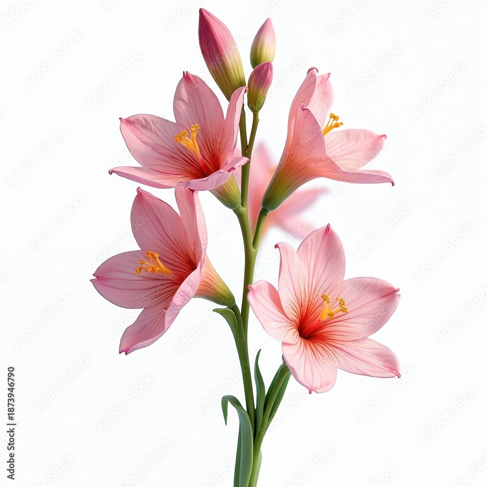 Fototapeta premium Pink freesia flowers bloom with buds against white backdrop. Delicate petals show intricate lines and yellow stamens. Stem with green leaves adds natural detail.