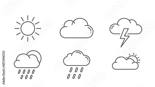 Collection of simple black outline icons illustrating various meteorological conditions like sun, clouds, rain, and thunderstorms for forecasting.