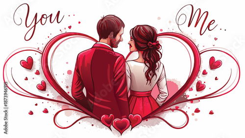 Loving couple illustration with heart design for valentine's day and romantic concepts