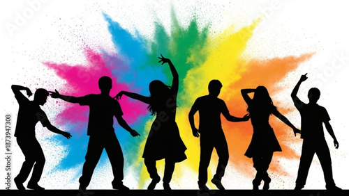 Silhouettes of six people dancing against a vibrant colorful background with rainbow powder explosion with energetic and party and white and dance