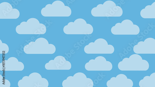 Seamless pattern featuring light blue stylized clouds floating gently across a vibrant clear blue sky background illustration