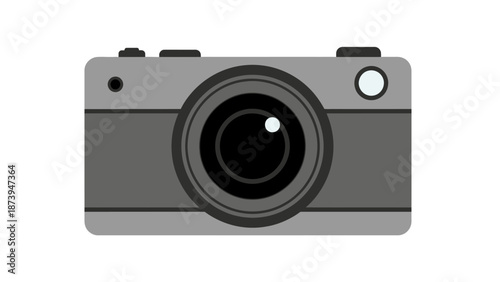 Simple flat design illustration of a gray analog film camera featuring a prominent circular lens against a light background