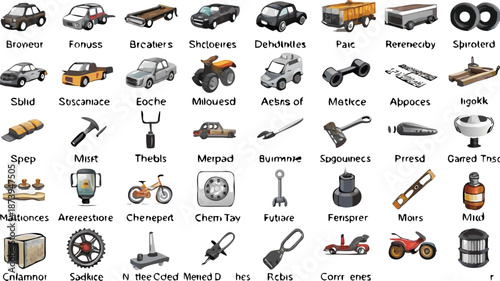 Collection of various tools vehicles and machinery icons on white background for design and educational use