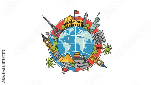 A colorful cartoon globe surrounded by famous international landmarks represents global travel adventures and tourism concepts.
