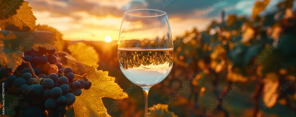 Fototapeta premium Scenic Vineyard Sunset with Glass of White Wine and Grapes