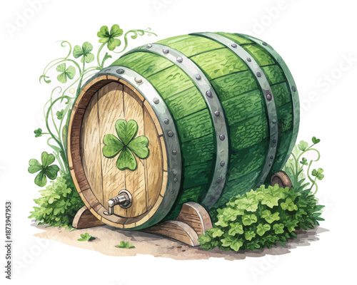 Irish Beer Barrel Watercolor Design, St. Patrick’s Day Festive Illustration