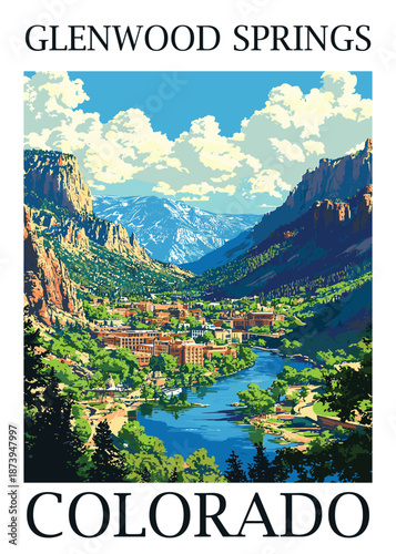 Charming vector illustration of Glenwood Springs, Colorado, featuring a picturesque town nestled beside a river with surrounding dramatic mountain cliffs.