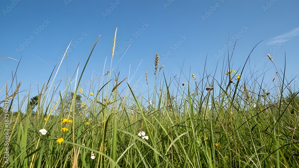 Fototapeta premium Close-up view of a sunlit meadow filled with wild grasses and small flowers under a clear blue sky