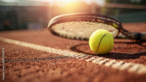 The Tennis Ball and Racket on a Sunlit Clay Tennis Court at Sunset